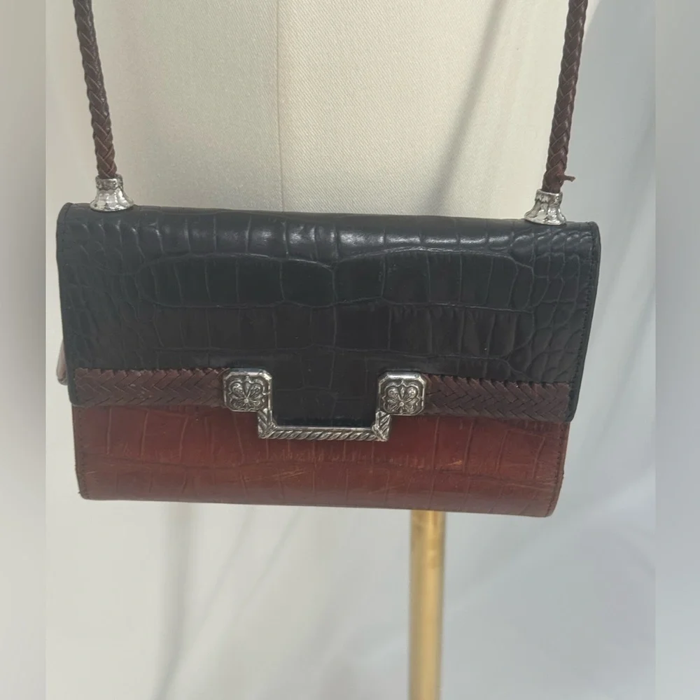 BRIGHTON Large Wallet Organizer Black Brown Croc Embossed Roped Chain